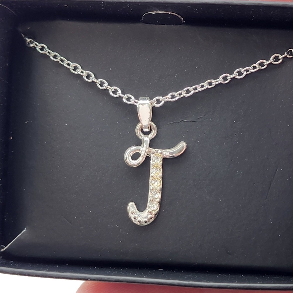 Avon Initial J Pendant Necklace Silver Tone Clear Rhinestone Letter Charm Y2K
